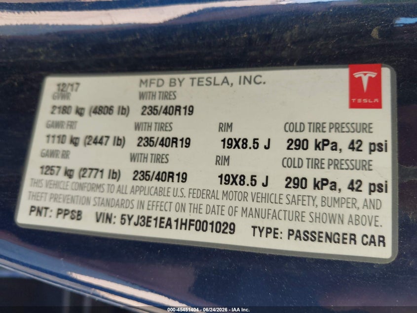 2017 Tesla Model 3 VIN 5YJ3E1EA1HF001029 IAAI salvage auction — FRONT END, Salvage Title, sold $3,500 on 2026-07-30 (photo 9)
