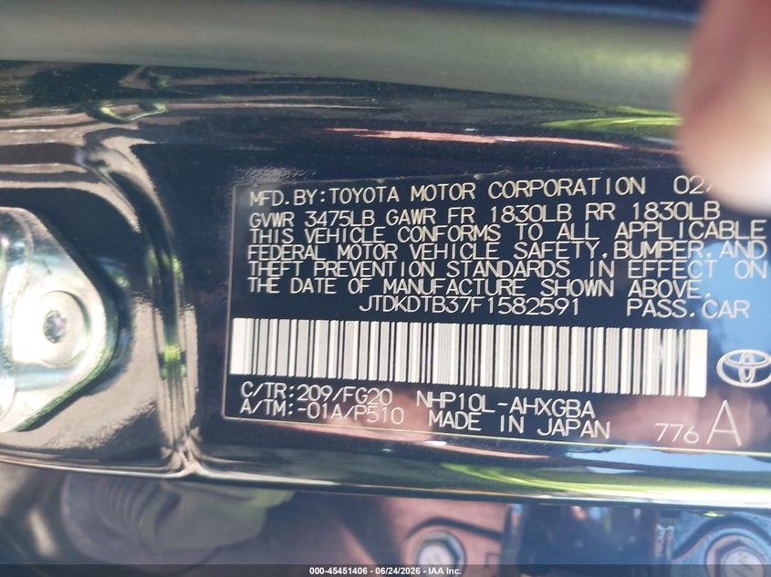2015 Toyota Prius c VIN JTDKDTB37F1582591 IAAI salvage auction — FRONT END, Mv-907A (New York), sold $575 on 2026-07-28 (photo 9)