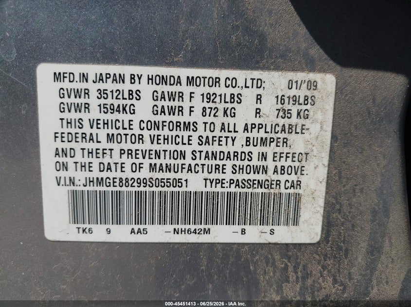 2009 Honda Fit VIN JHMGE88299S055051 IAAI salvage auction — FRONT END, Salvage - Greater Than 75% (Maryland), sold $1,050 on 2026-07-24 (photo 9)