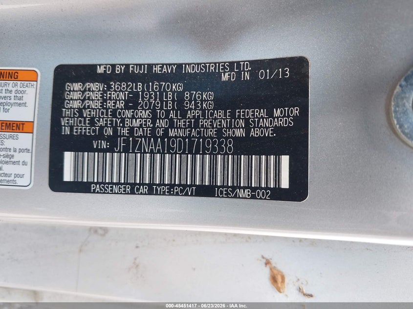 2013 Scion Fr-s VIN JF1ZNAA19D1719338 IAAI salvage auction — FRONT END, Salvage Title, sold $900 on 2026-07-18 (photo 9)