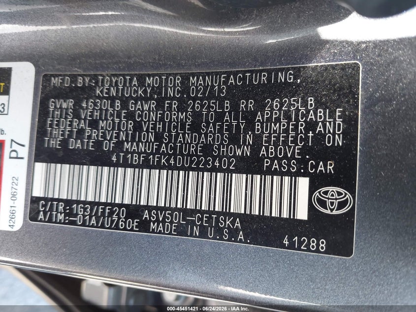 2013 Toyota Camry VIN 4T1BF1FK4DU223402 IAAI salvage auction — REAR END, Salvage (New Jersey), sold $2,350 on 2026-07-31 (photo 9)
