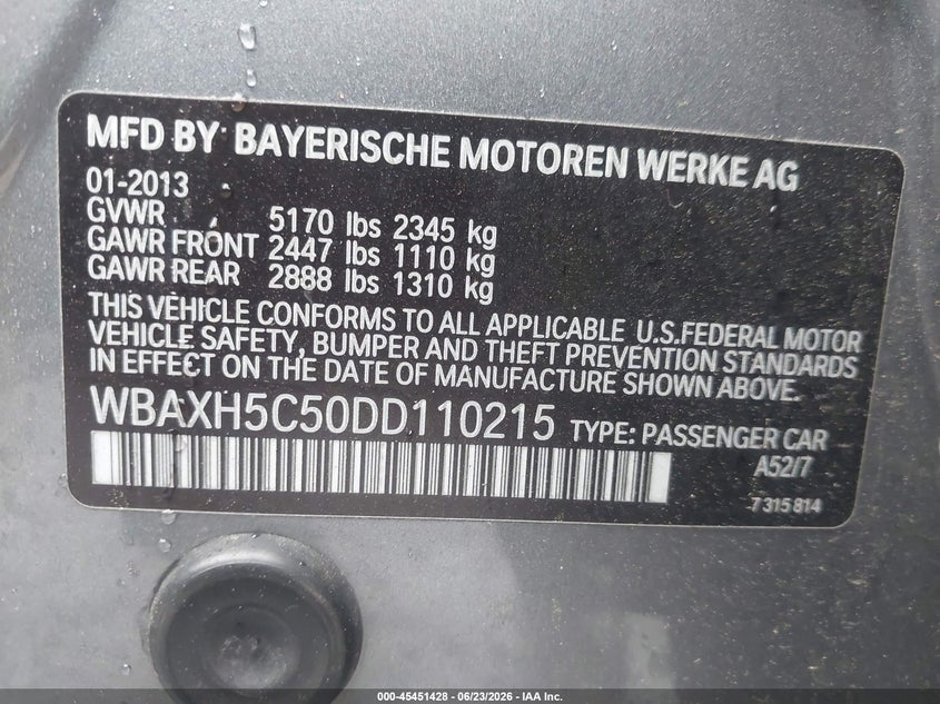 2013 BMW 5er VIN WBAXH5C50DD110215 IAAI salvage auction — LEFT SIDE, Salvage - Greater Than 75% (Maryland), sold $850 on 2026-07-29 (photo 9)