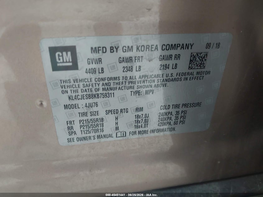 2019 Buick Encore VIN KL4CJESB8KB759311 IAAI salvage auction — HAIL, Salvage Title, sold $75 on 2026-07-21 (photo 9)