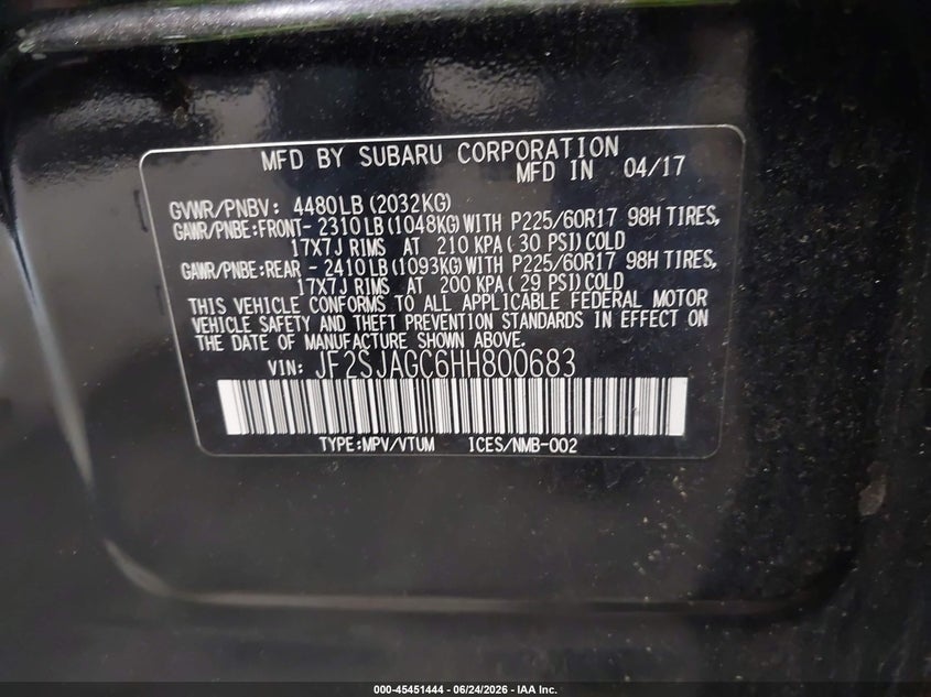 2017 Subaru Forester VIN JF2SJAGC6HH800683 IAAI salvage auction — ROLLOVER, Salvage Title, sold $475 on 2026-07-15 (photo 9)