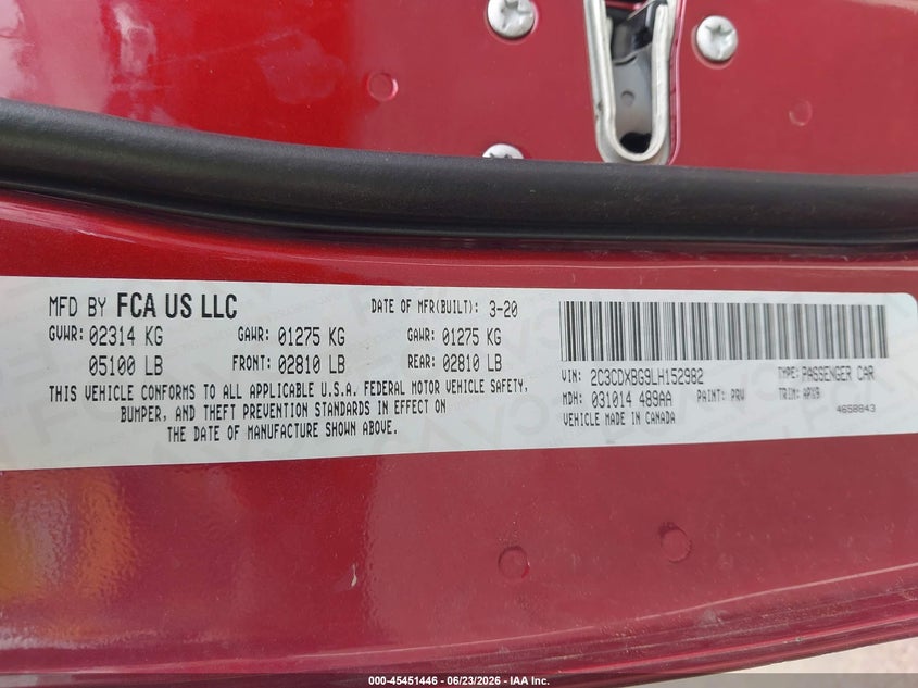 2020 Dodge Charger VIN 2C3CDXBG9LH152982 IAAI salvage auction — FRONT END, Salvage (Mississippi), sold $2,900 on 2026-07-25 (photo 9)