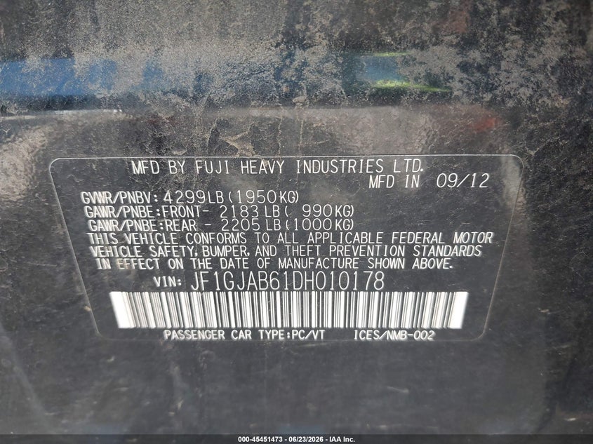 2013 Subaru Impreza VIN JF1GJAB61DH010178 IAAI salvage auction — REAR END, Salvage (Ohio), sold $475 on 2026-07-20 (photo 9)