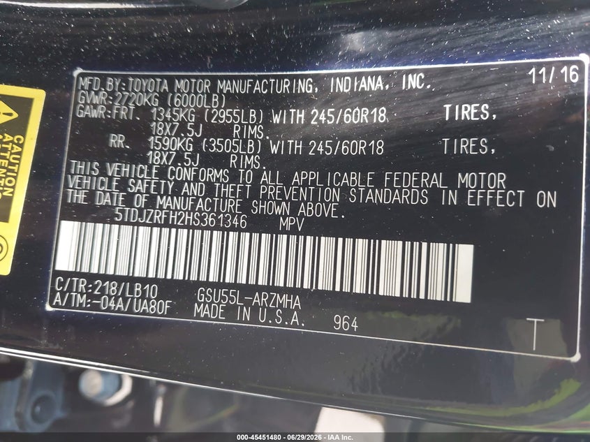 2017 Toyota Highlander VIN 5TDJZRFH2HS361346 IAAI salvage auction — SIDE, Salvage Title, sold $7,000 on 2026-08-02 (photo 9)