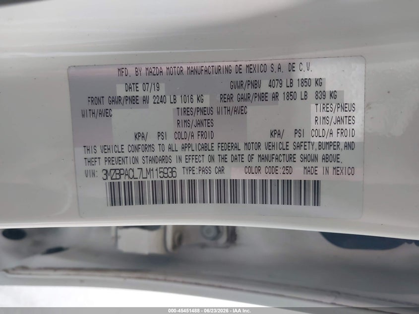 2020 Mazda 3 VIN 3MZBPACL7LM115936 IAAI salvage auction — SIDE, Salvage Title, sold $3,000 on 2026-07-25 (photo 9)