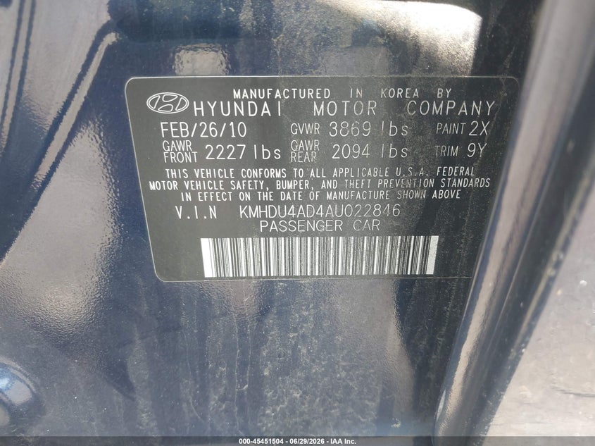 2010 Hyundai Elantra VIN KMHDU4AD4AU022846 IAAI salvage auction — FRONT END, Clear (Massachusetts), sold $400 on 2026-07-17 (photo 9)
