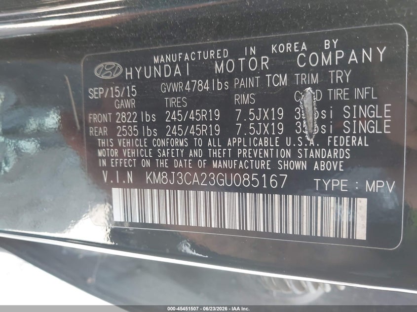 2016 Hyundai Tucson VIN KM8J3CA23GU085167 IAAI salvage auction — FRONT END, Salvage (Pennsylvania), sold $3,050 on 2026-07-07 (photo 9)