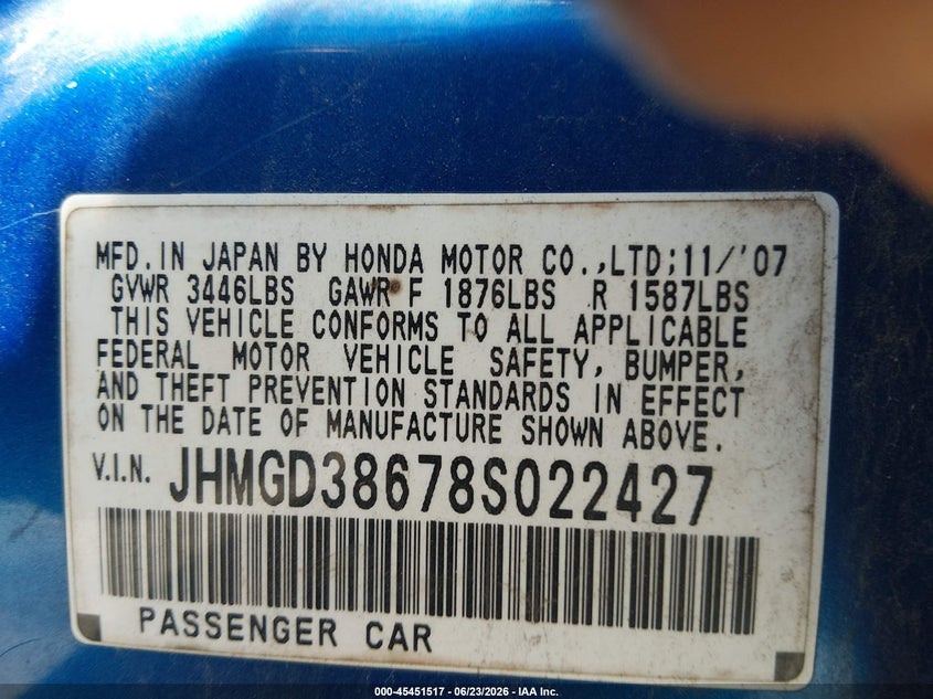 2008 Honda Fit VIN JHMGD38678S022427 IAAI salvage auction — FRONT & REAR, Bill Of Sale (Georgia), sold $225 on 2026-07-24 (photo 9)