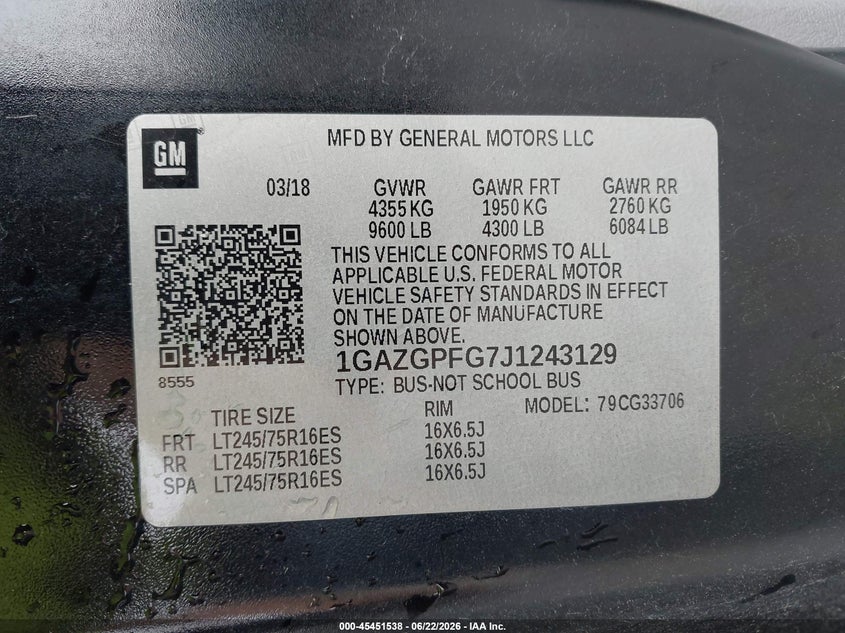 2018 Chevrolet Express 3500 VIN 1GAZGPFG7J1243129 IAAI salvage auction — NORMAL WEAR, Sf97 (New York), sold $13,300 on 2026-07-23 (photo 9)