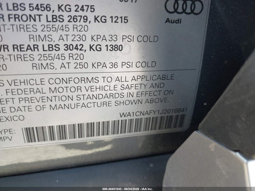 2018 Audi Q5 VIN WA1CNAFY1J2016841 IAAI salvage auction — UNKNOWN, Salvage Title, sold $7,700 on 2026-07-09 (photo 9)
