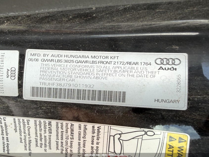 2009 Audi Tt VIN TRUHF38J791011932 IAAI salvage auction — NORMAL WEAR, Clear (Indiana), sold $3,850 on 2026-07-18 (photo 8)