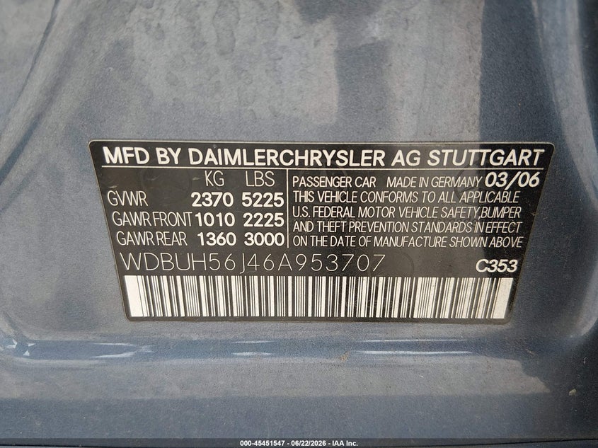 2006 Mercedes-benz E-class VIN WDBUH56J46A953707 IAAI salvage auction — UNKNOWN, Clear (Tennessee), sold $300 on 2026-07-08 (photo 9)