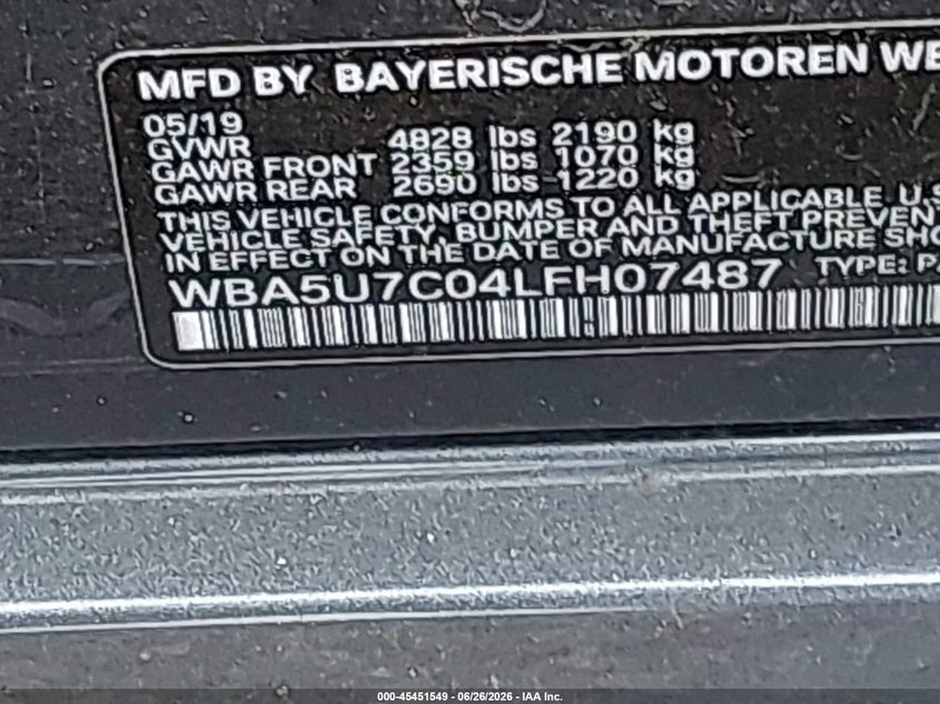 2020 BMW 3er VIN WBA5U7C04LFH07487 IAAI salvage auction — FRONT END, Wait Title, sold $11,100 on 2026-08-18 (photo 9)
