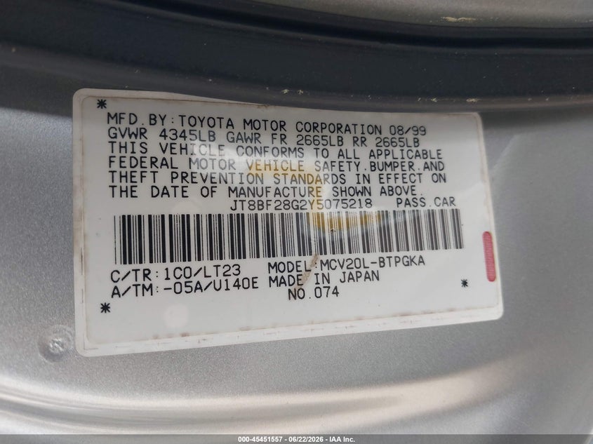 2000 Lexus ES VIN JT8BF28G2Y5075218 IAAI salvage auction — FRONT END, Salvage - Greater Than 75% (Maryland), sold $25 on 2026-07-30 (photo 9)