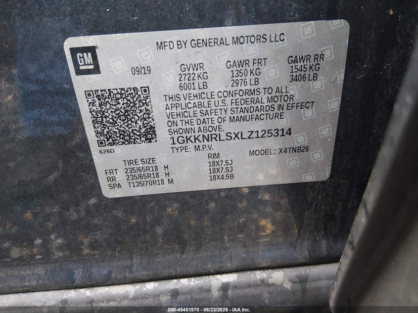 2020 Gmc Acadia VIN 1GKKNRLSXLZ125314 IAAI salvage auction — NORMAL WEAR, SF97 (Maryland), sold $50 on 2026-07-21 (photo 9)
