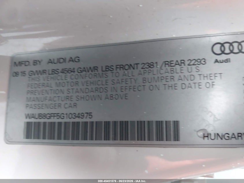 2016 Audi A3 VIN WAUB8GFF5G1034975 IAAI salvage auction — FRONT END, Salvage Title, sold $25 on 2026-07-29 (photo 9)