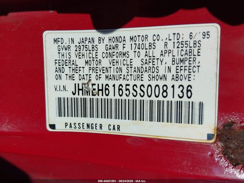1995 Honda Civic VIN JHMEH6165SS008136 IAAI salvage auction — NORMAL WEAR, Original (Ohio), sold $300 on 2026-07-08 (photo 9)