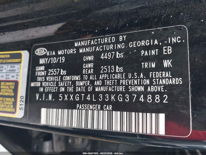 2019 Kia Optima VIN 5XXGT4L33KG374882 IAAI salvage auction — FRONT END, Salvage (Connecticut), sold $875 on 2026-07-16 (photo 9)