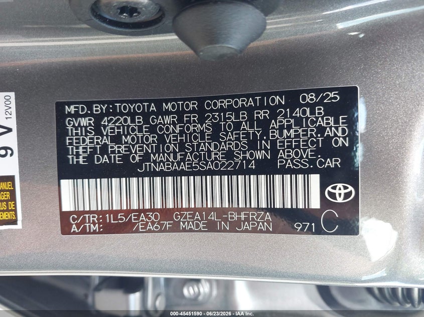2025 Toyota Corolla VIN JTNABAAE5SA022714 IAAI salvage auction — BIO HAZARD, Salvage Title, sold $2,550 on 2026-07-28 (photo 9)