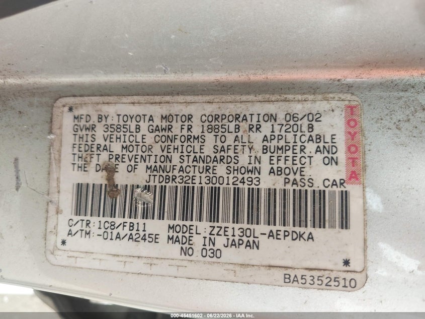 2003 Toyota Corolla VIN JTDBR32E130012493 IAAI salvage auction — NORMAL WEAR, Clear (Virginia), sold $650 on 2026-08-01 (photo 9)