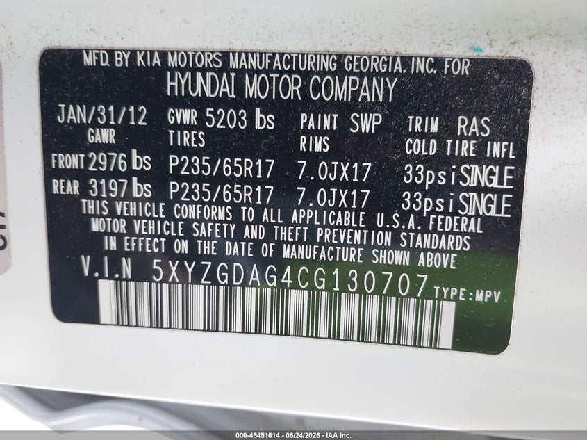 2012 Hyundai Santa fe VIN 5XYZGDAG4CG130707 IAAI salvage auction — FRONT END, Salvage (Idaho), sold $2,025 on 2026-07-15 (photo 9)