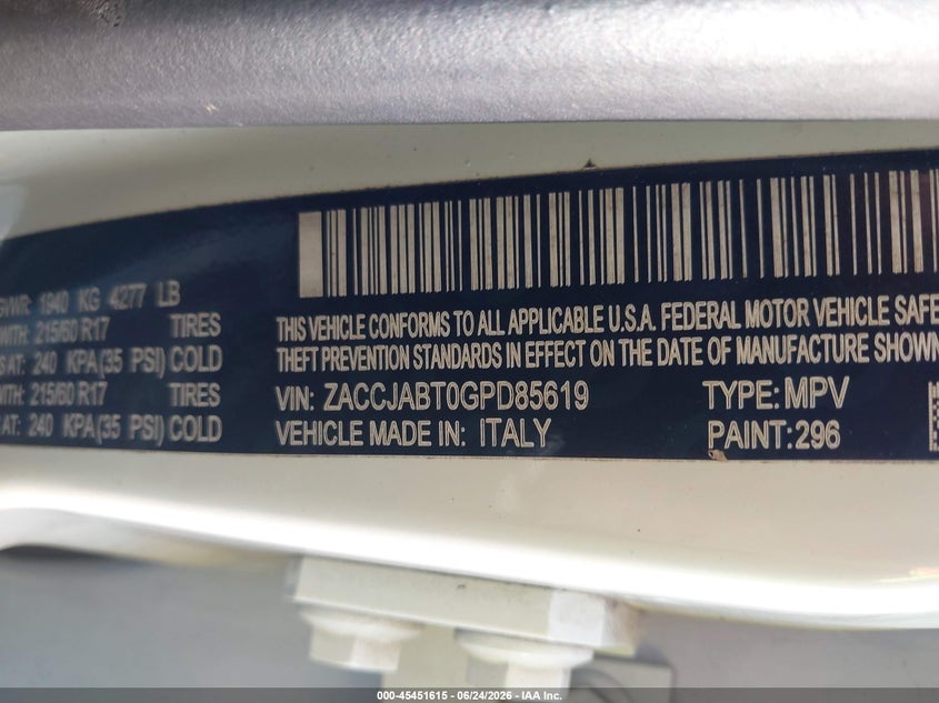 2016 Jeep Renegade VIN ZACCJABT0GPD85619 IAAI salvage auction — REAR END, Salvage (South Carolina), sold $800 on 2026-07-21 (photo 9)