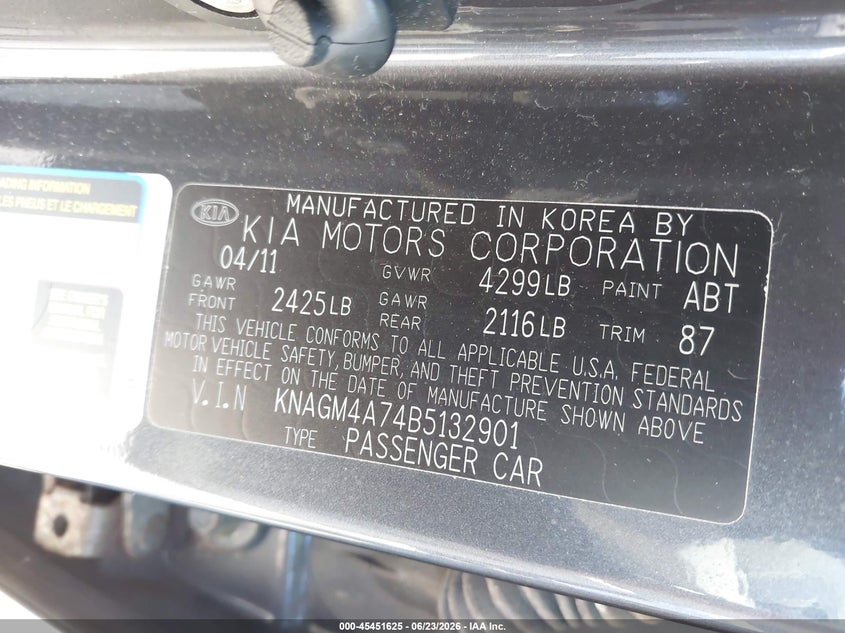 2011 Kia Optima VIN KNAGM4A74B5132901 IAAI salvage auction — THEFT, Mv-907A (New York), sold $25 on 2026-07-28 (photo 9)