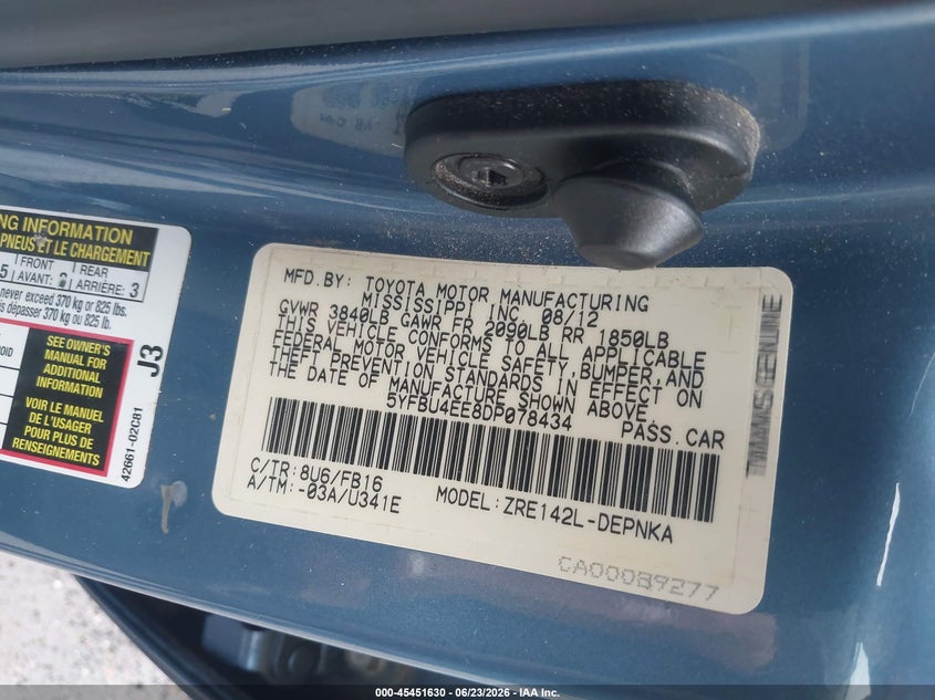2013 Toyota Corolla VIN 5YFBU4EE8DP078434 IAAI salvage auction — RIGHT FRONT, Salvage Title, sold $2,150 on 2026-07-22 (photo 9)