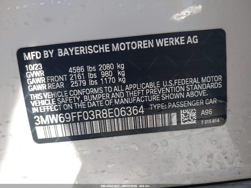 2024 BMW 3er VIN 3MW69FF03R8E06364 IAAI salvage auction — REAR END, Salvage Title, sold $16,000 on 2026-07-31 (photo 9)