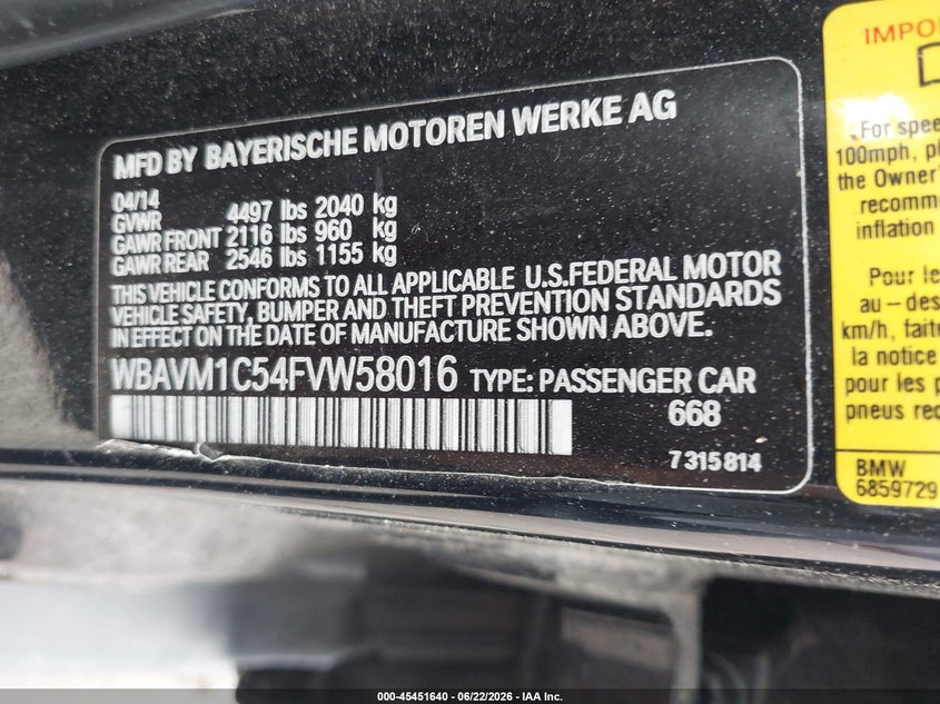 2015 BMW X1 VIN WBAVM1C54FVW58016 IAAI salvage auction — NORMAL WEAR, Clear (California), sold $425 on 2026-07-30 (photo 9)