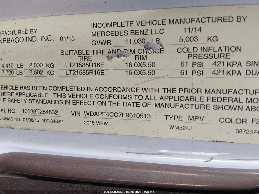 2015 Mercedes-benz Sprinter VIN WDAPF4CC7F9610513 IAAI salvage auction — HAIL, Salvage (Ohio), sold $29,550 on 2026-07-21 (photo 8)