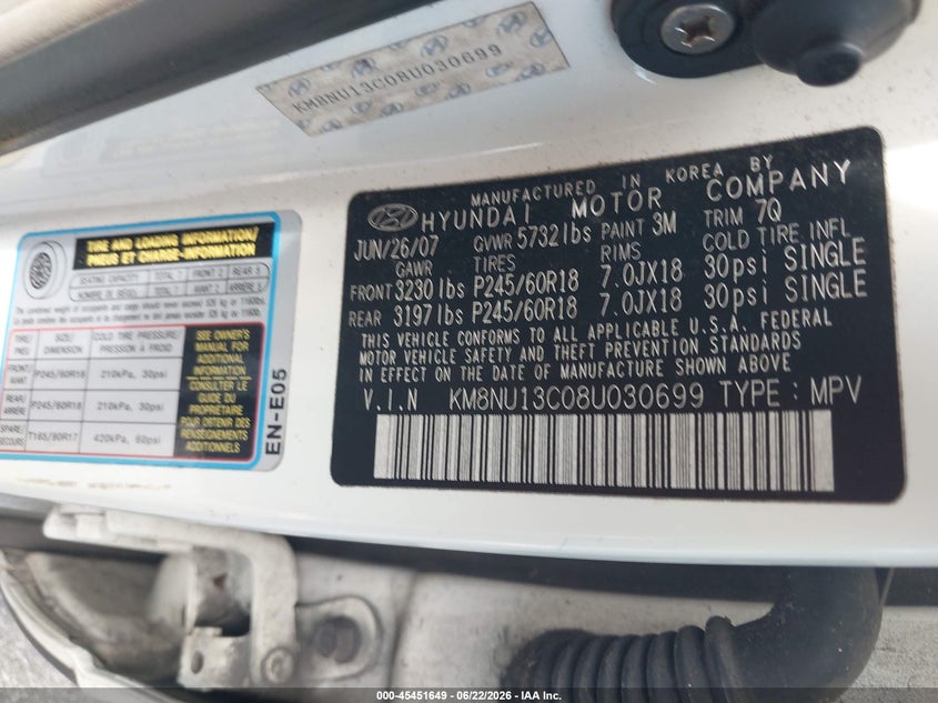 2008 Hyundai Veracruz VIN KM8NU13C08U030699 IAAI salvage auction — FRONT END, Rebuildable (Florida), sold $175 on 2026-07-23 (photo 9)
