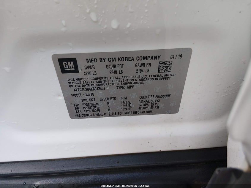 2019 Chevrolet Trax VIN KL7CJLSB4KB913407 IAAI salvage auction — ROOF, Salvage (Arkansas), sold $1,250 on 2026-07-23 (photo 9)