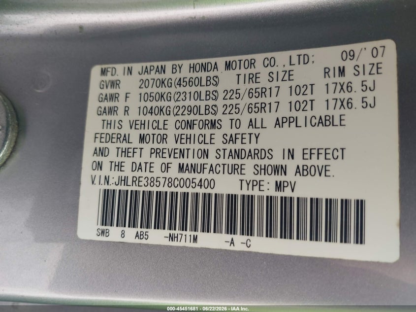 2008 Honda Cr-v VIN JHLRE38578C005400 IAAI salvage auction — FRONT END, Clear (Georgia), sold $1,800 on 2026-07-09 (photo 9)