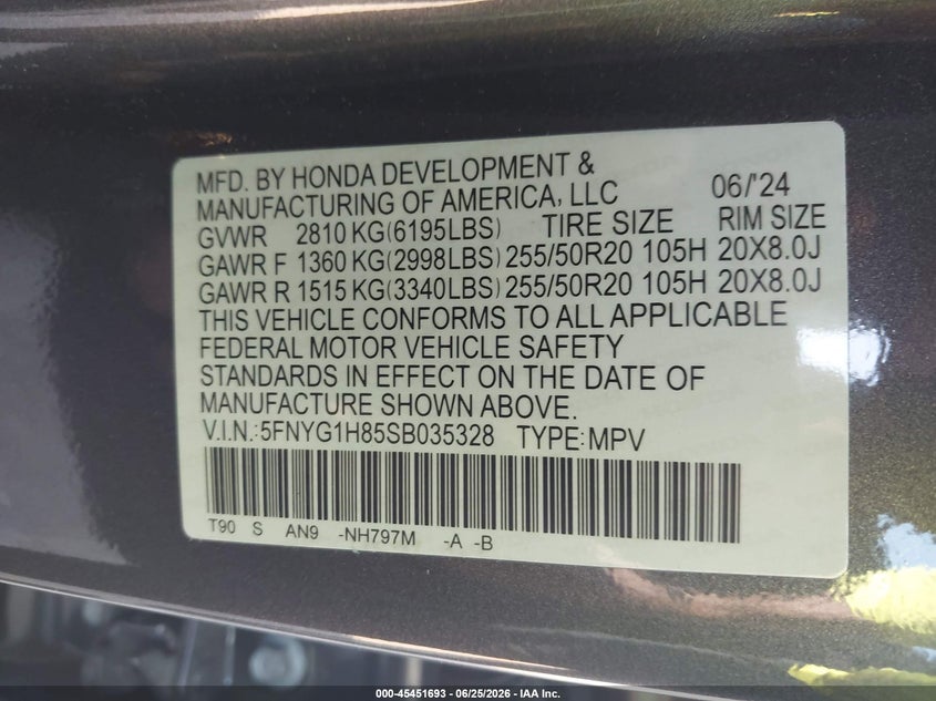 2025 Honda Pilot VIN 5FNYG1H85SB035328 IAAI salvage auction — SIDE, Salvage Title, sold $16,100 on 2026-07-29 (photo 9)