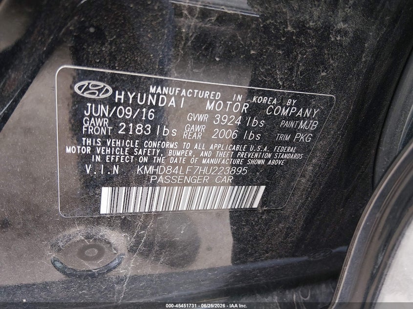 2017 Hyundai Elantra VIN KMHD84LF7HU223895 IAAI salvage auction — HAIL, Salvage (Ohio), sold $2,175 on 2026-07-21 (photo 9)