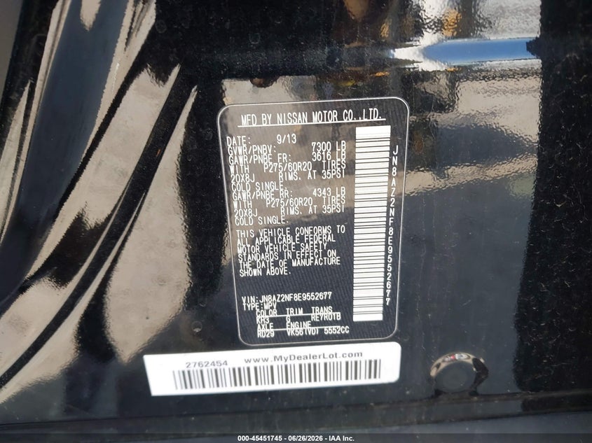 2014 Infiniti Qx80 VIN JN8AZ2NF8E9552677 IAAI salvage auction — NORMAL WEAR, Original (Texas), sold $1,400 on 2026-07-29 (photo 9)