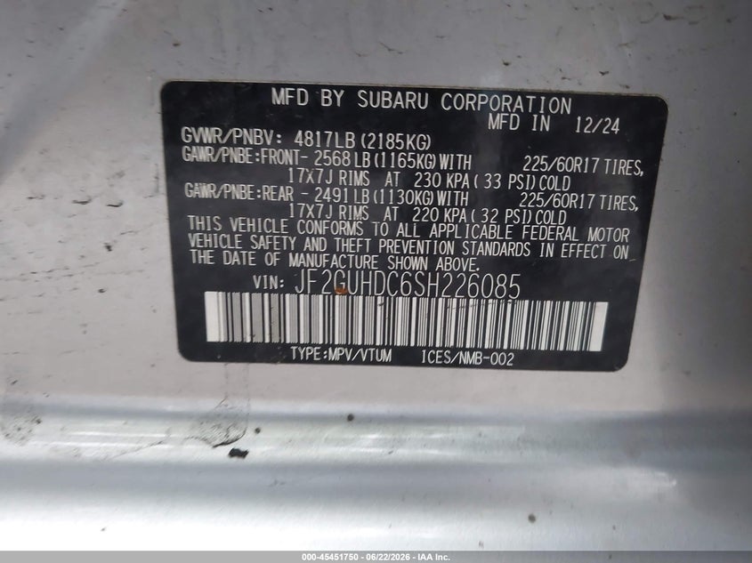 2025 Subaru VIN JF2GUHDC6SH226085 IAAI salvage auction — FRONT END, Salvage Title, sold $6,400 on 2026-08-01 (photo 9)
