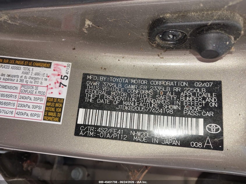 2007 Toyota Prius VIN JTDKB20U577624198 IAAI salvage auction — NORMAL WEAR, Original (Maine), sold $350 on 2026-07-20 (photo 9)