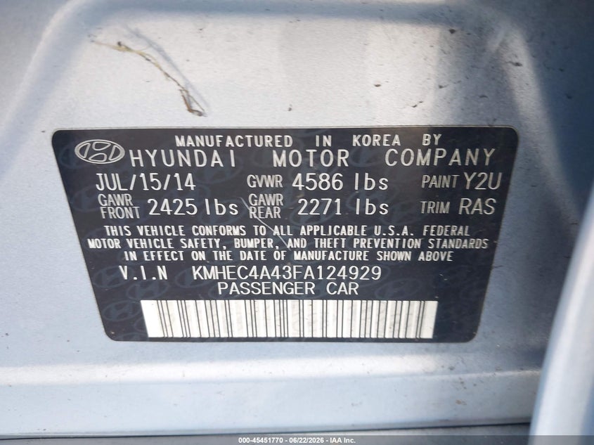 2015 Hyundai Sonata hybrid VIN KMHEC4A43FA124929 IAAI salvage auction — NORMAL WEAR, Clear (Florida), sold $925 on 2026-07-20 (photo 9)