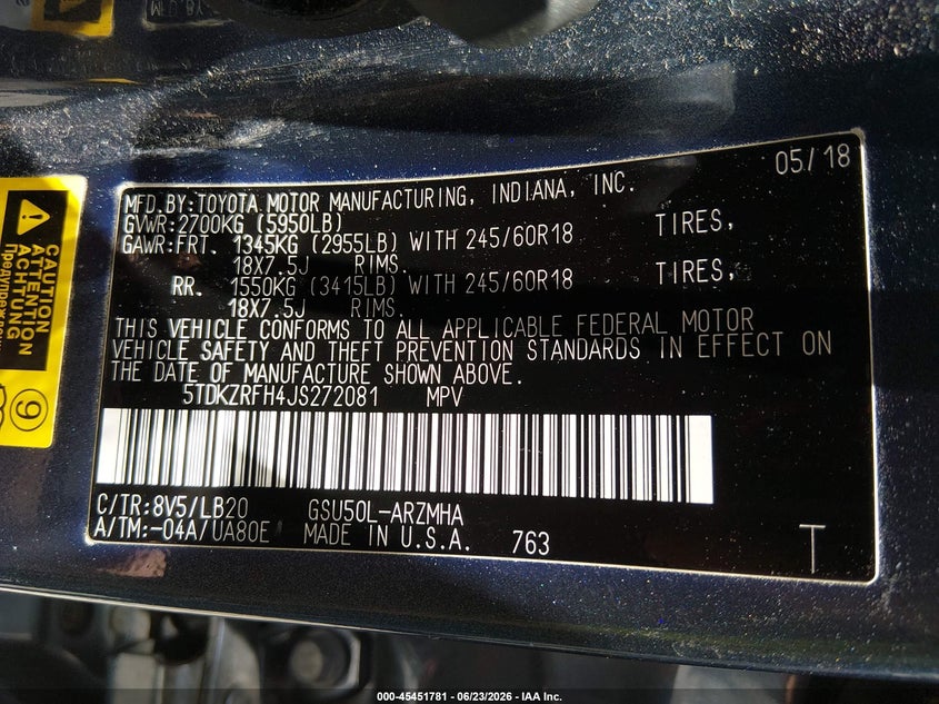 2018 Toyota Highlander VIN 5TDKZRFH4JS272081 IAAI salvage auction — FRONT END, Clear (Tennessee), sold $7,600 on 2026-07-23 (photo 9)