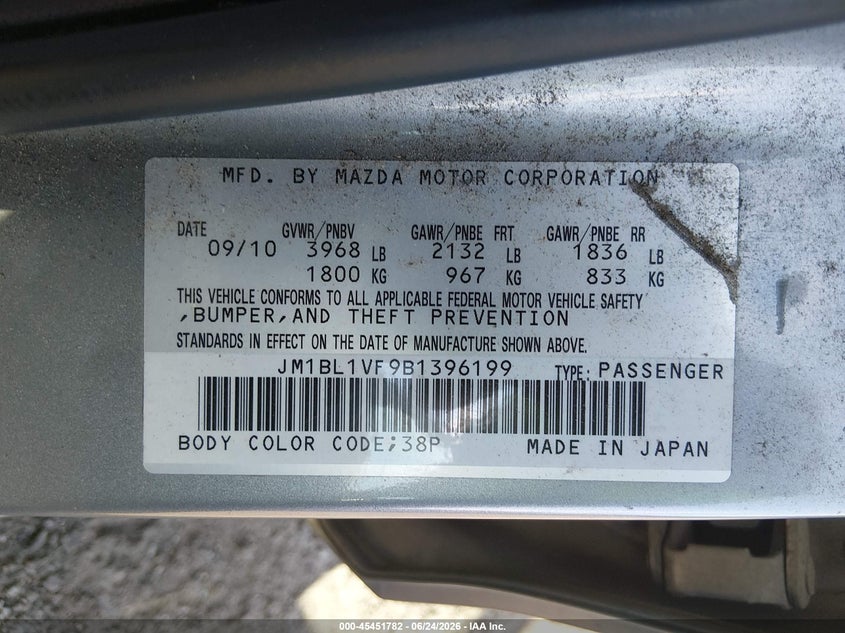 2011 Mazda 3 VIN JM1BL1VF9B1396199 IAAI salvage auction — Unknown, Salvage (South Carolina), sold $400 on 2026-07-26 (photo 9)