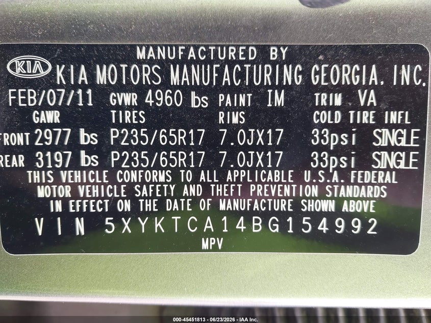 2011 Kia Sorento VIN 5XYKTCA14BG154992 IAAI salvage auction — NORMAL WEAR, Original (Maine), sold $600 on 2026-07-06 (photo 9)
