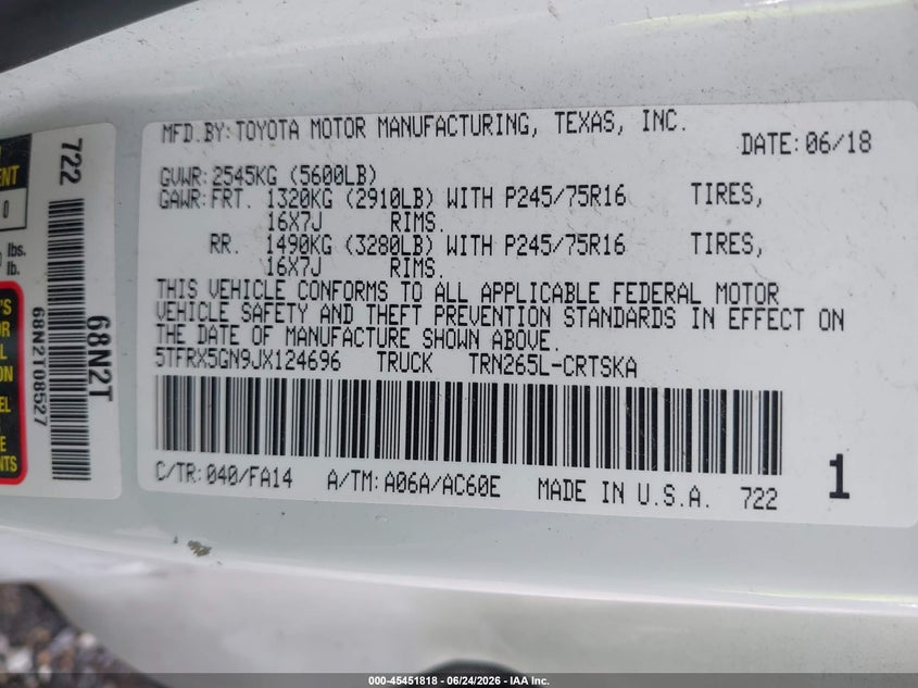 2018 Toyota Tacoma VIN 5TFRX5GN9JX124696 IAAI salvage auction — LEFT SIDE, Salvage Title, sold $5,700 on 2026-08-01 (photo 9)