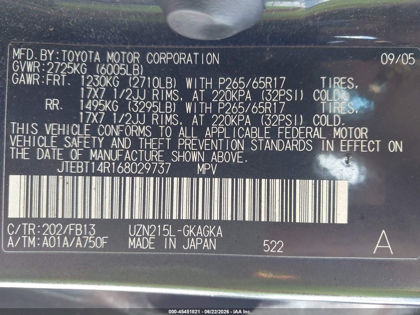 2006 Toyota 4runner VIN JTEBT14R168029737 IAAI salvage auction — NORMAL WEAR, Clear (Illinois), sold $3,100 on 2026-07-29 (photo 9)