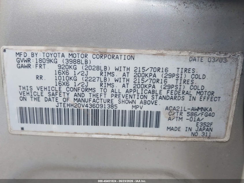 2003 Toyota Rav 4 VIN JTEHH20V436091385 IAAI salvage auction — NORMAL WEAR, Original (Kentucky), sold $975 on 2026-07-21 (photo 9)