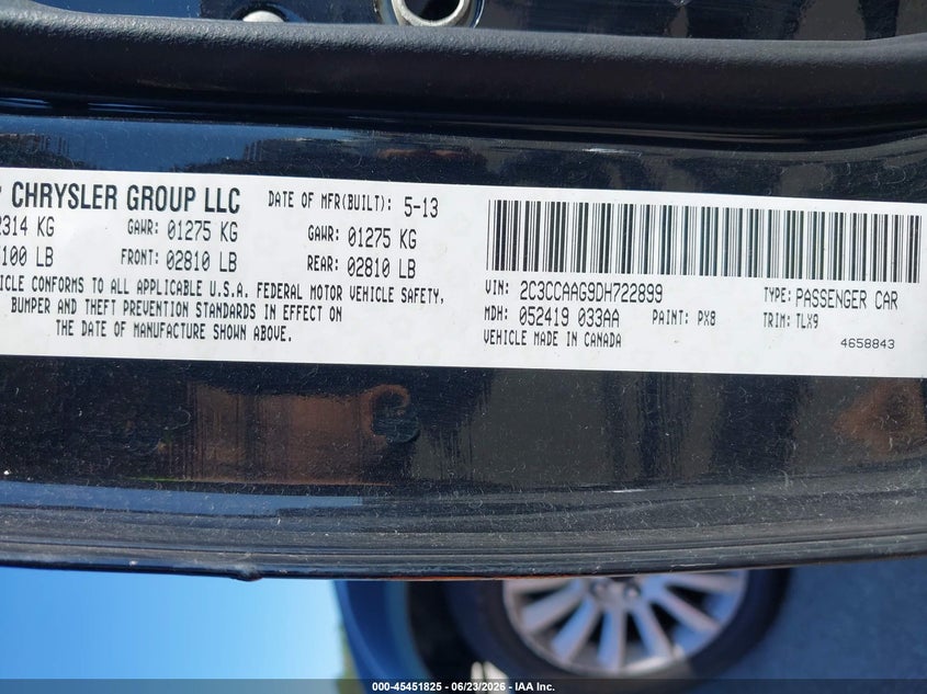 2013 Chrysler 300 VIN 2C3CCAAG9DH722899 IAAI salvage auction — FRONT END, Salvage Title, sold $750 on 2026-07-29 (photo 9)